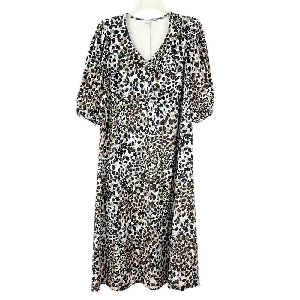 Tyler Boe Faux Suede Animal Print Puff Sleeve Midi Dress Size XS V-neck Brown